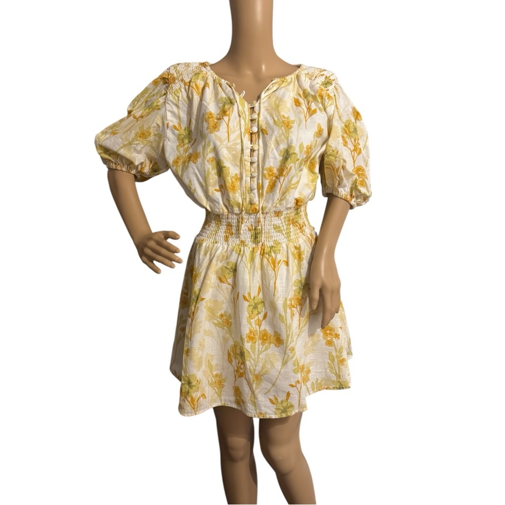 Sabo Skirt White With Yellow Floral Smocked-Waist Mini Dress Cotton Womens Sz M